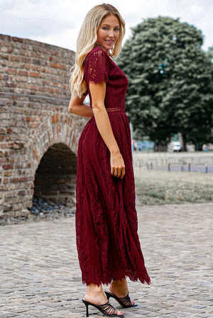 Wine lace midi dress with scalloped hem and short sleeves, cinched waist detail.