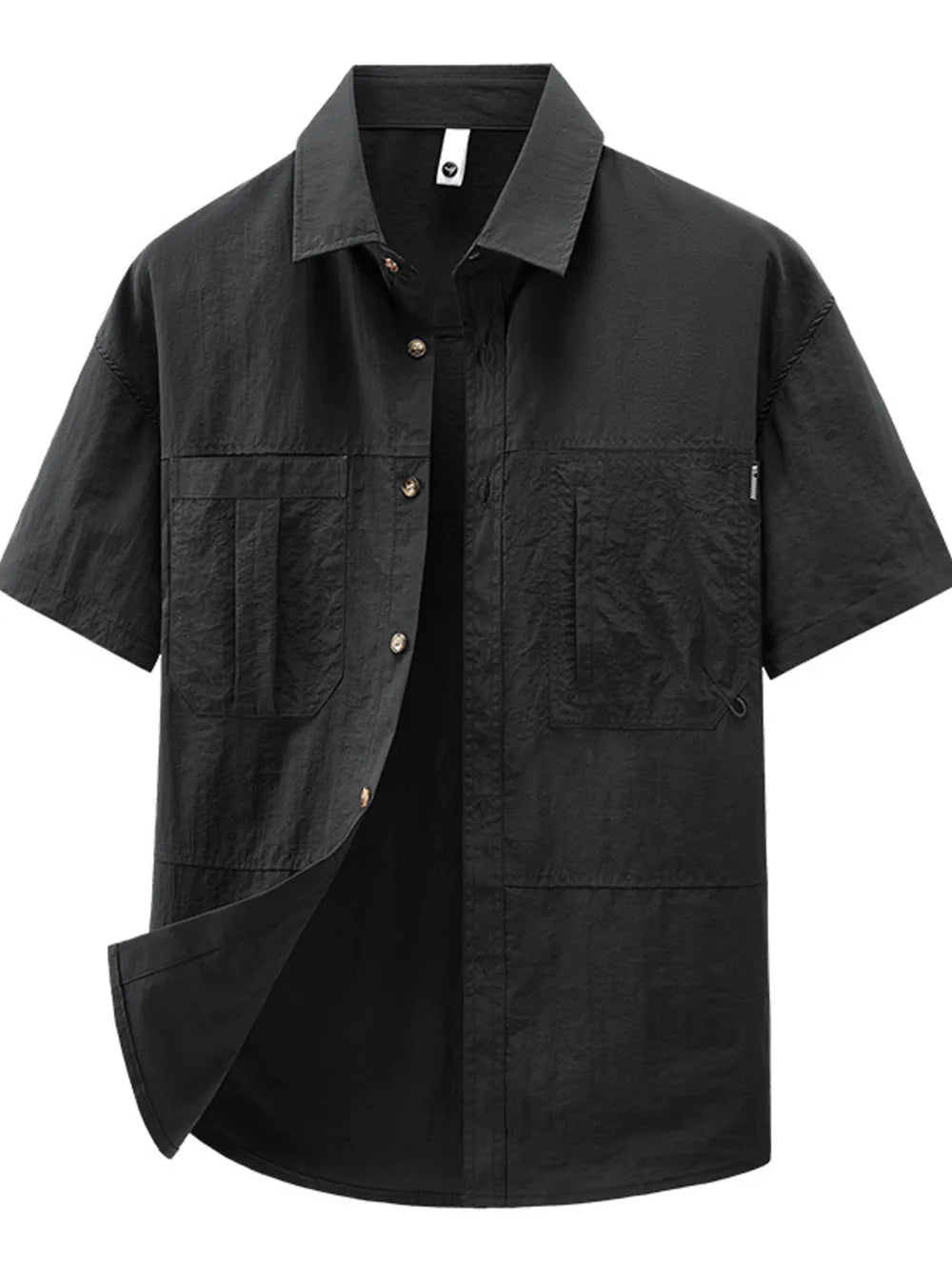 Black lightweight casual button-up shirt with short sleeves and chest pockets.