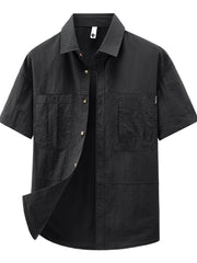 Black lightweight casual button-up shirt with short sleeves and chest pockets.