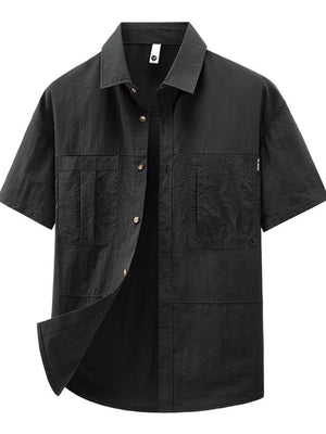 Black lightweight casual button-up shirt with short sleeves and chest pockets.