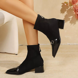 Chic Pointed Toe Sock Boots With Buckle in Black, close-up detail