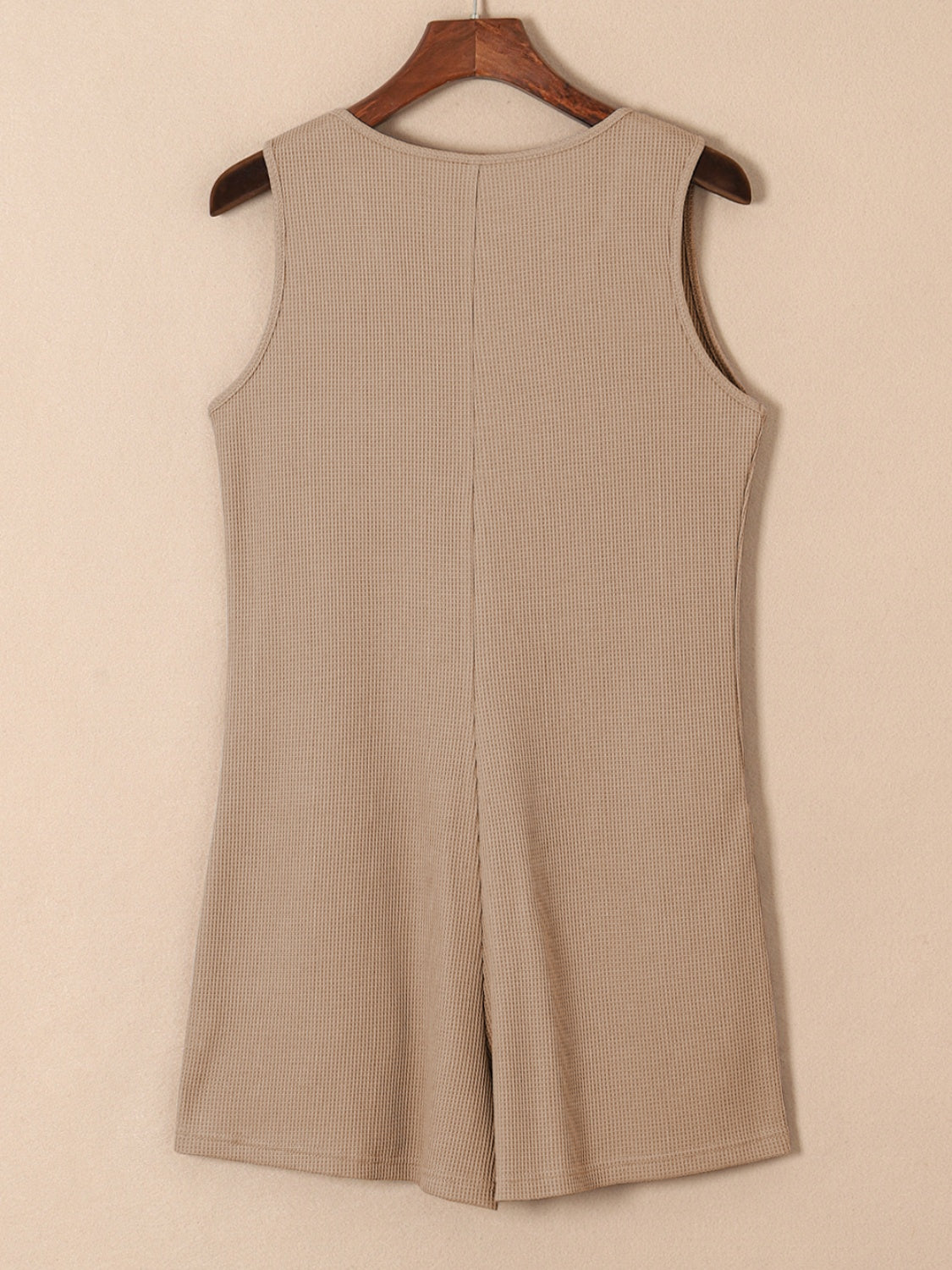 Camel waffle knit button-down romper with pockets, sleeveless, round neck