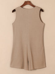 Camel waffle knit button-down romper with pockets, sleeveless, round neck