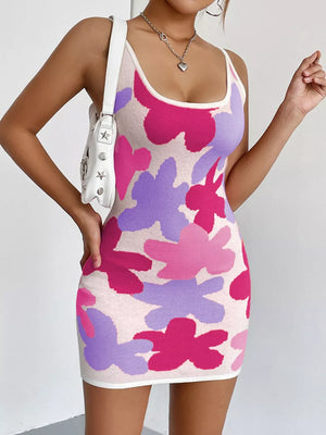 Floral Knit Scoop Neck Mini Dress in Lavender, side view