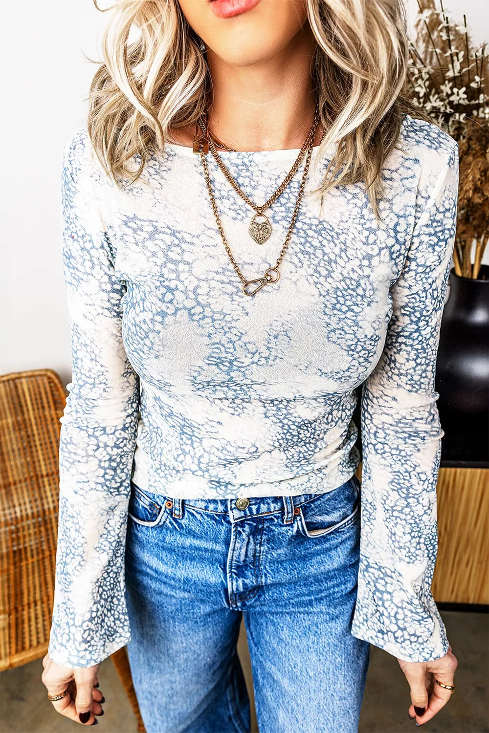 Long Sleeve Leopard Print Round Neck Sheath Top in Light Blue, back view