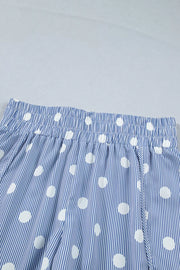 Blue and white striped polka dot shorts with elastic waistband and drawstring