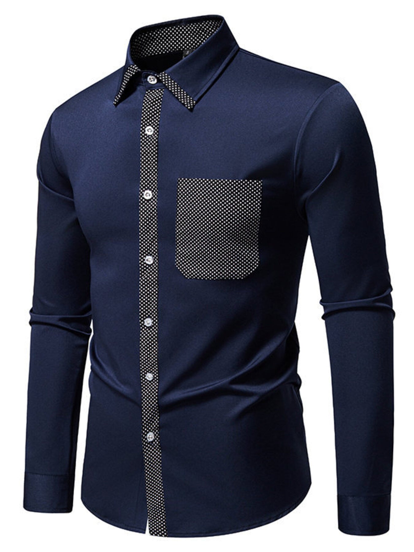 Navy blue men's long sleeve shirt with polka dot trim and pocket.