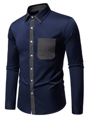 Navy blue men's long sleeve shirt with polka dot trim and pocket.