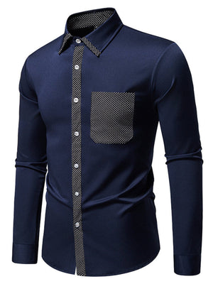 Navy blue men's long sleeve shirt with polka dot trim and pocket.