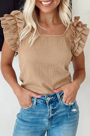 Tan textured square neck top with ruffled cap sleeves