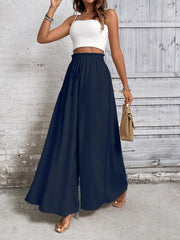 Navy blue ruffled waistline palazzo trousers with drawstring and wide leg
