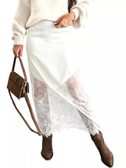 Women's white midi skirt with lace trim detail and a sheer lace hem.