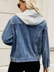 Denim jacket with contrast grey hood, button front, and classic collar.