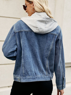 Denim jacket with contrast grey hood, button front, and classic collar.