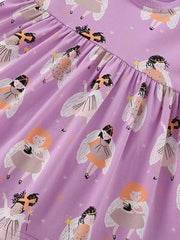 Purple cotton blend toddler dress with cartoon fairy print and ruffled waist.