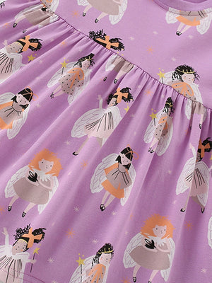 Purple cotton blend toddler dress with cartoon fairy print and ruffled waist.