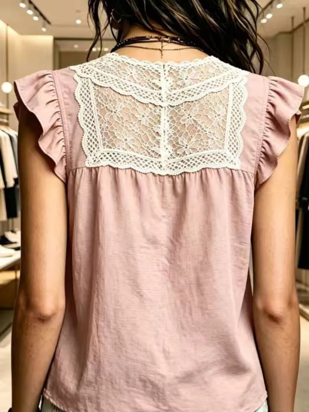 Lace Trim Ruffle Sleeve Blouse Plus Size in Pink, fabric detail
