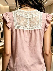 Lace Trim Ruffle Sleeve Blouse Plus Size in Pink, fabric detail