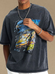 Black oversized tee with vintage race car and eagle graphic print