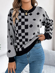 Gray acrylic sweater with checkerboard and dot intarsia pattern, crew neck, long sleeves.