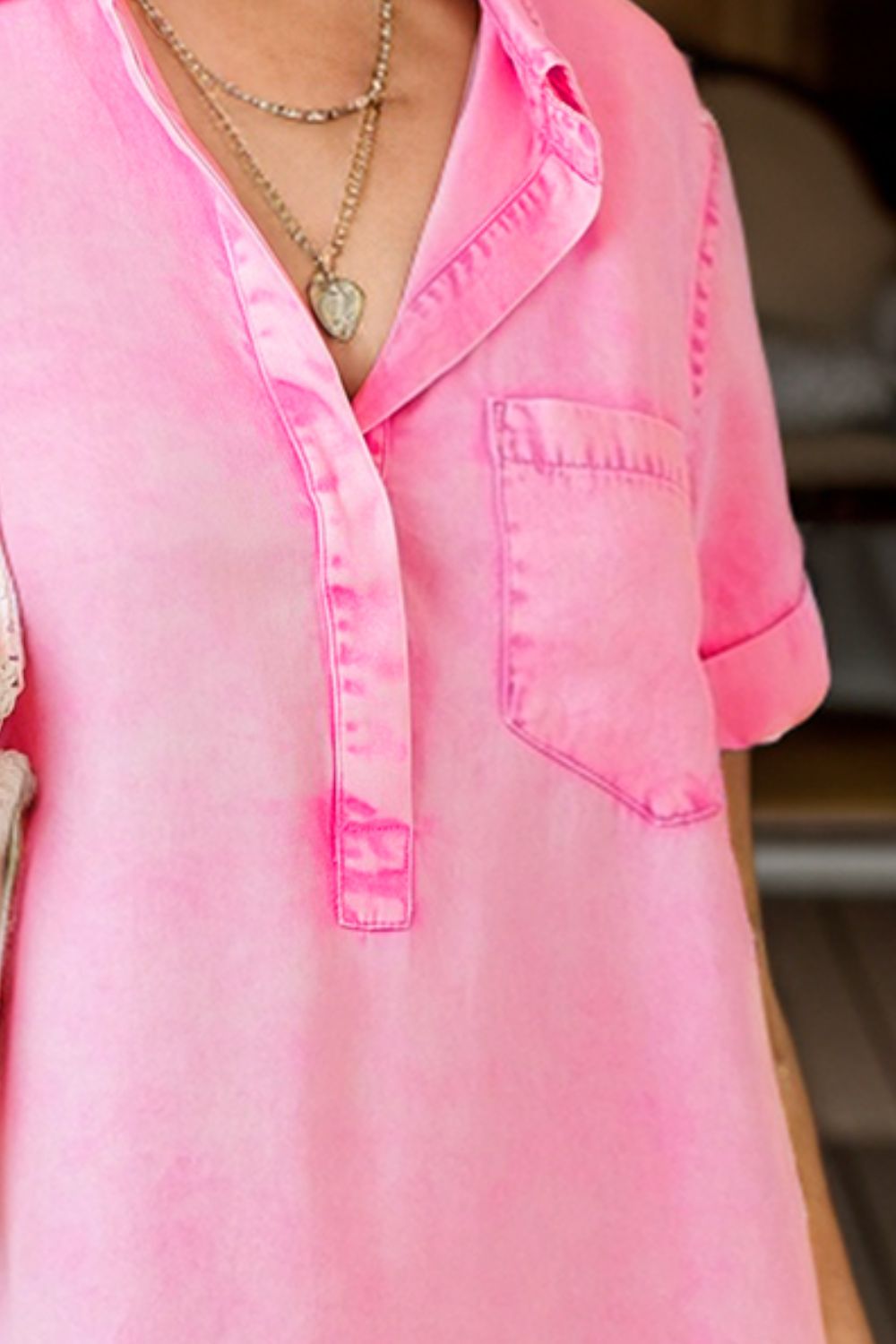 Blush pink acid wash shirtdress with contrast stitching and a chest pocket.