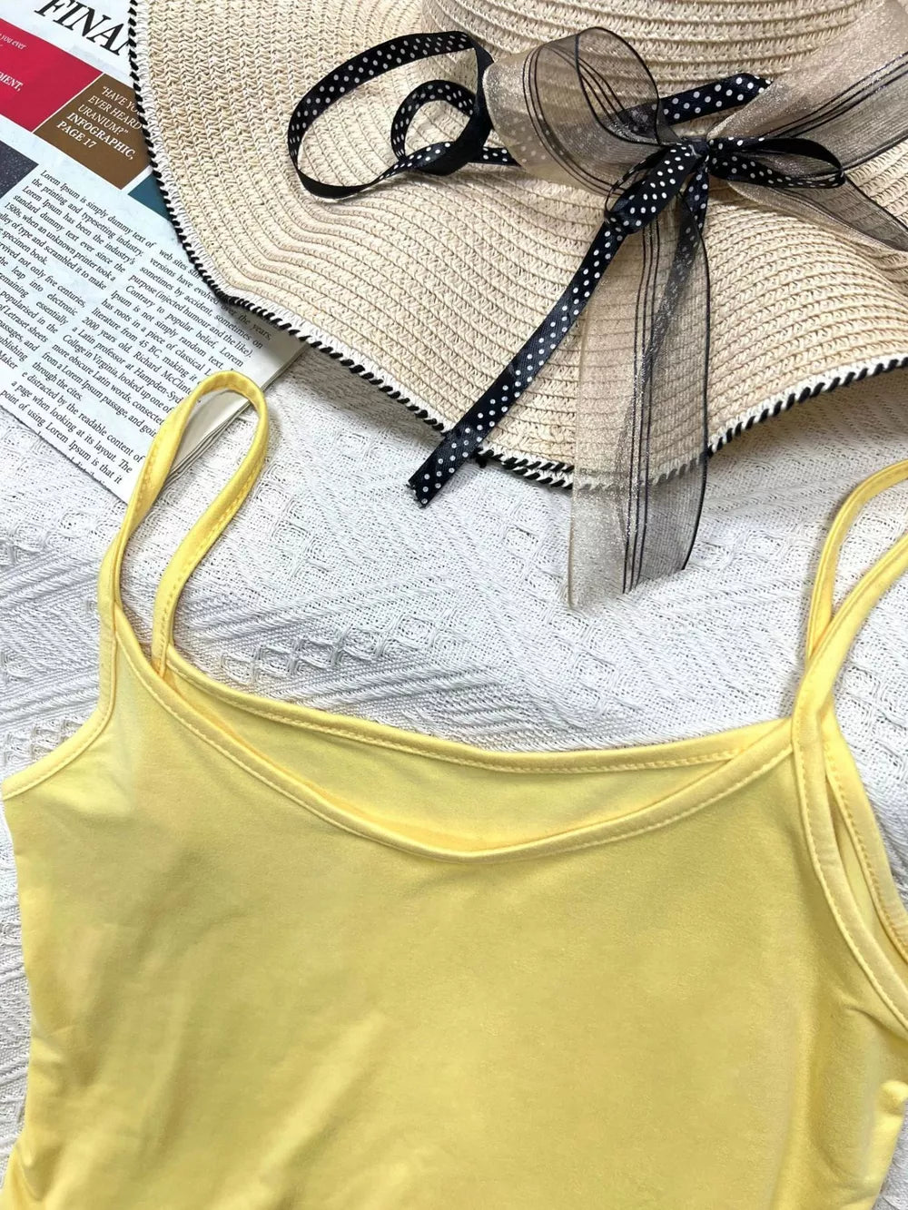 Yellow scoop neck cami with thin straps, part of a set.