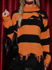 Orange and black striped knit sweater with distressed hem and bat motif.