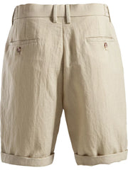 Khaki chino shorts with pleats, cuffed hems, and button-flap back pockets.