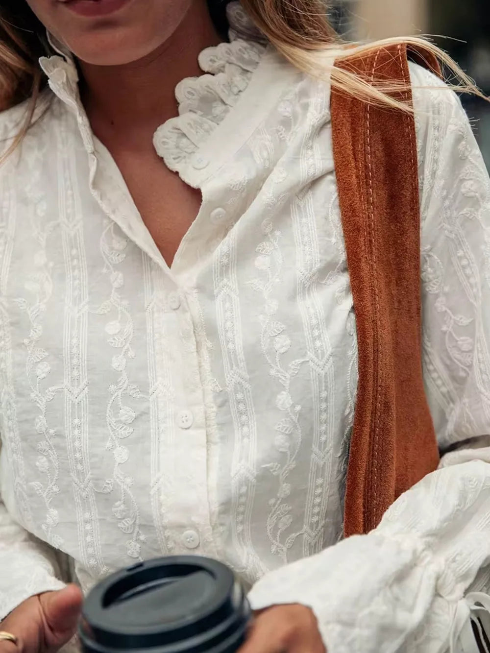 Embroidered Flounce Sleeve Shirt in White, close-up detail