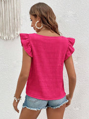 Textured ruffle sleeve square neck top in hot pink with a textured pattern.