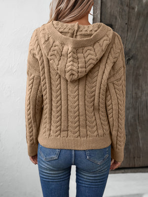 Camel cable knit hooded sweater with full cable knit detail and ribbed cuffs.