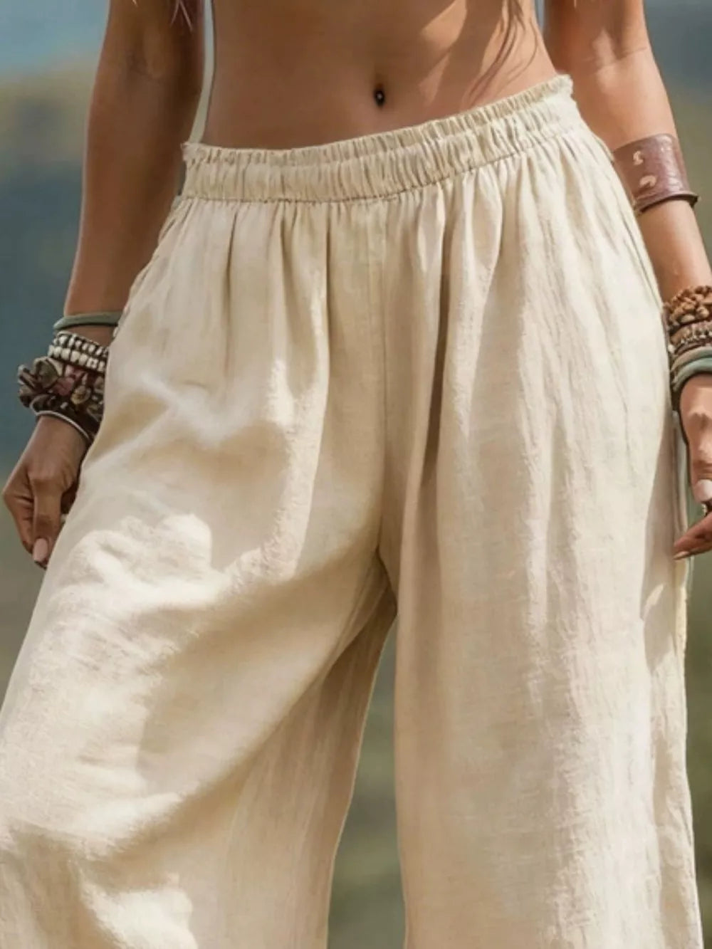 Full Size Bohemian Wide-leg Pants Plus Size in Light Brown, side view