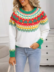 White knit sweater with charming clover and geometric fair isle pattern, green cuffs.