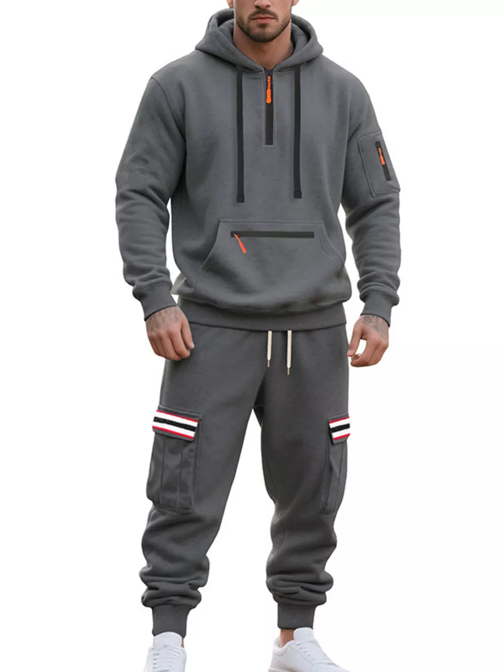 Men's Casual Half-zip Hoodie And Cargo Pants Set in Navy Blue, back view