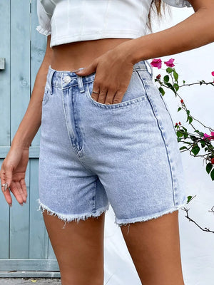 Frayed Hem Denim Shorts, close-up detail