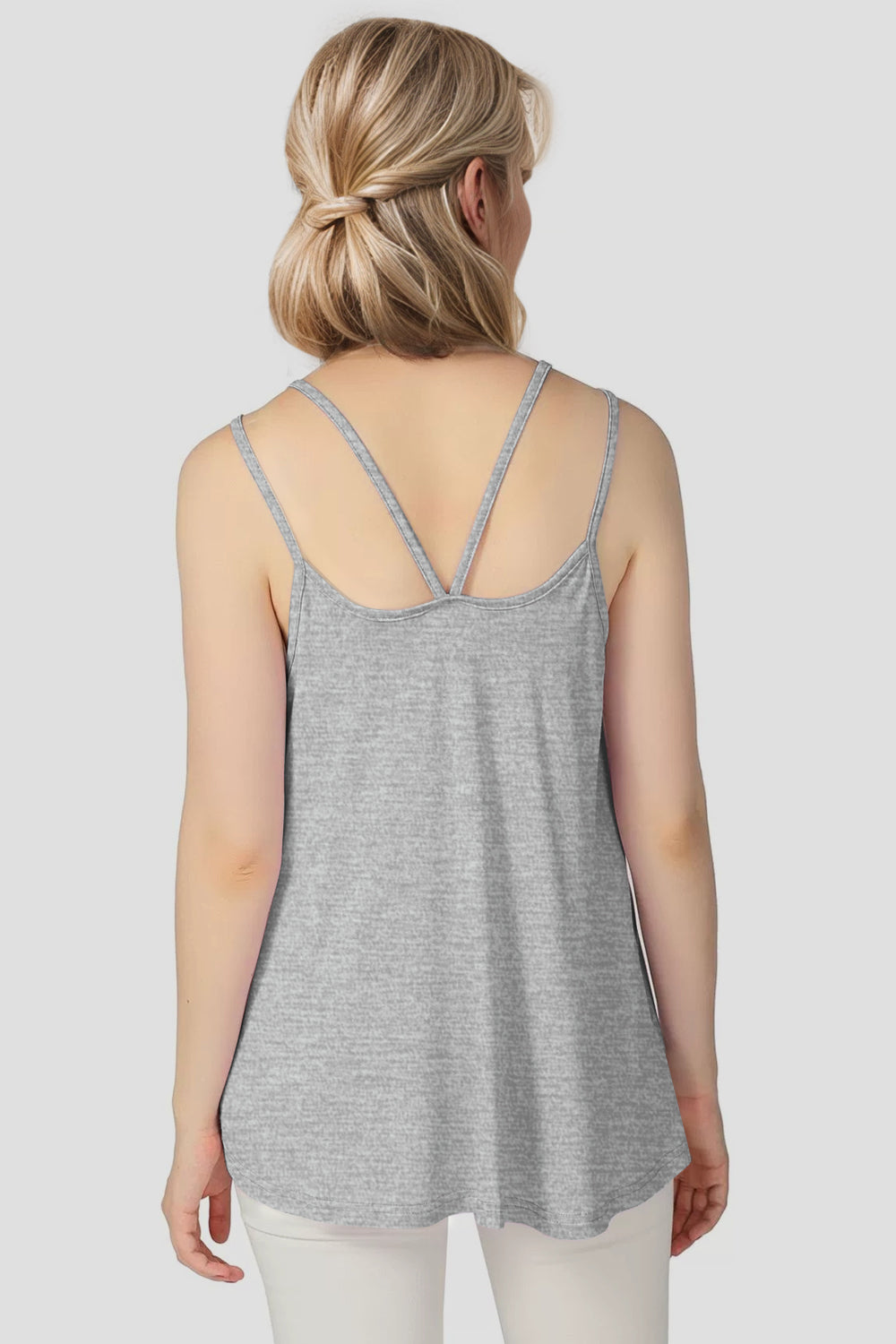 Gray trapeze cami with double spaghetti straps and a V-back detail.