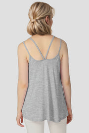 Gray trapeze cami with double spaghetti straps and a V-back detail.
