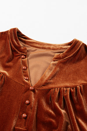 Brown velvet henley blouse with gathered detail and button placket.