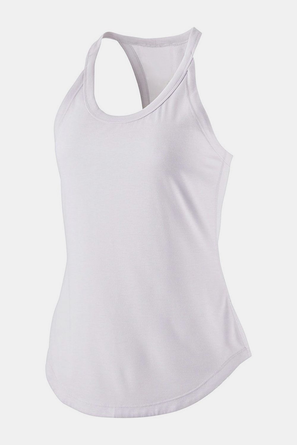 White racerback tank top with a curved hem and breathable fabric.