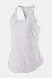 White racerback tank top with a curved hem and breathable fabric.