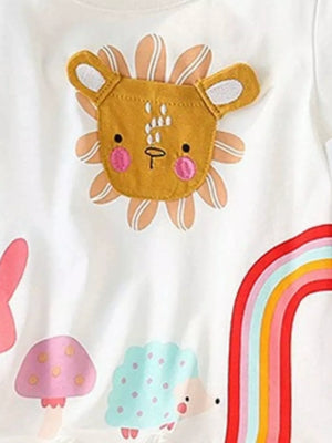 White cotton t-shirt with playful animal appliques including a lion, hedgehog, mushroom, and rainbow.