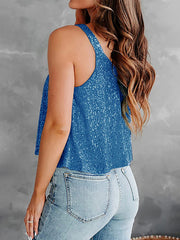 Sky blue sequin-embellished flounce tank top with a relaxed fit.