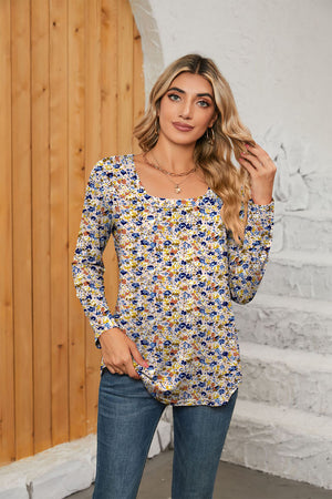 Floral print long sleeve top with gathered square neckline