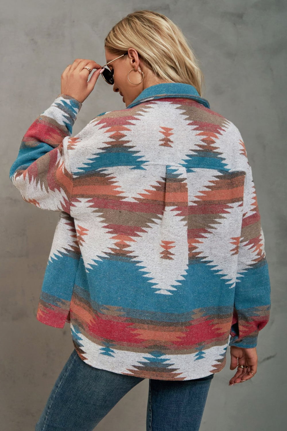 Southwestern print overshirt jacket with button front and spread collar in blue, burgundy, and tan.