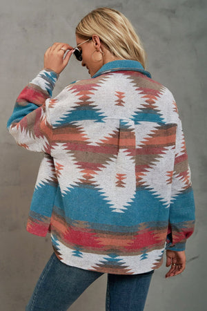 Southwestern print overshirt jacket with button front and spread collar in blue, burgundy, and tan.
