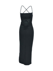 Black backless bodycon dress with crisscross straps and ruched detail.