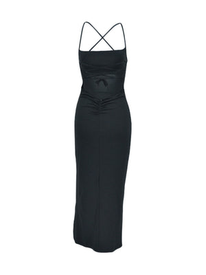 Black backless bodycon dress with crisscross straps and ruched detail.