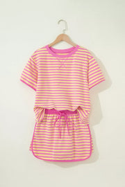 Pink and yellow striped cotton t-shirt and drawstring shorts set with pink trim