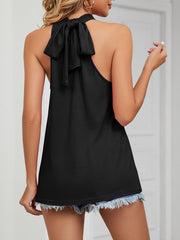Black ruched high neck cami with tie back detail.
