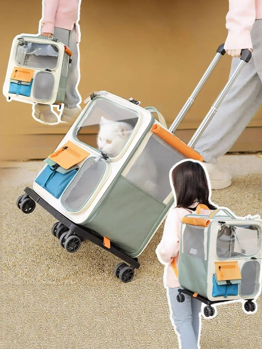 Transparent pet carrier backpack with green and white panels, orange accents, and wheels.